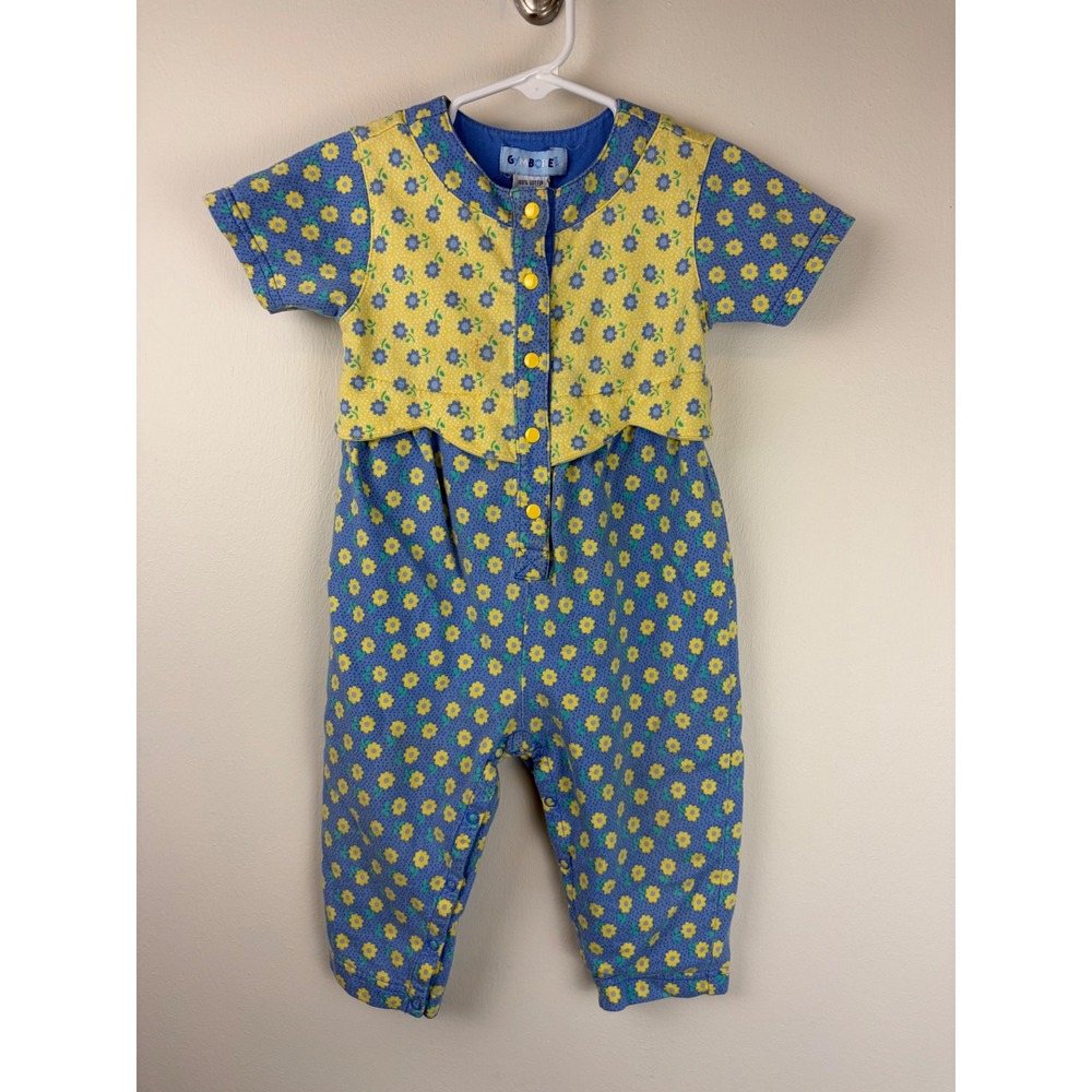 Vintage 1990s Gymboree Romper XS Blue Yellow Floral French‎ Country Jumpsuit